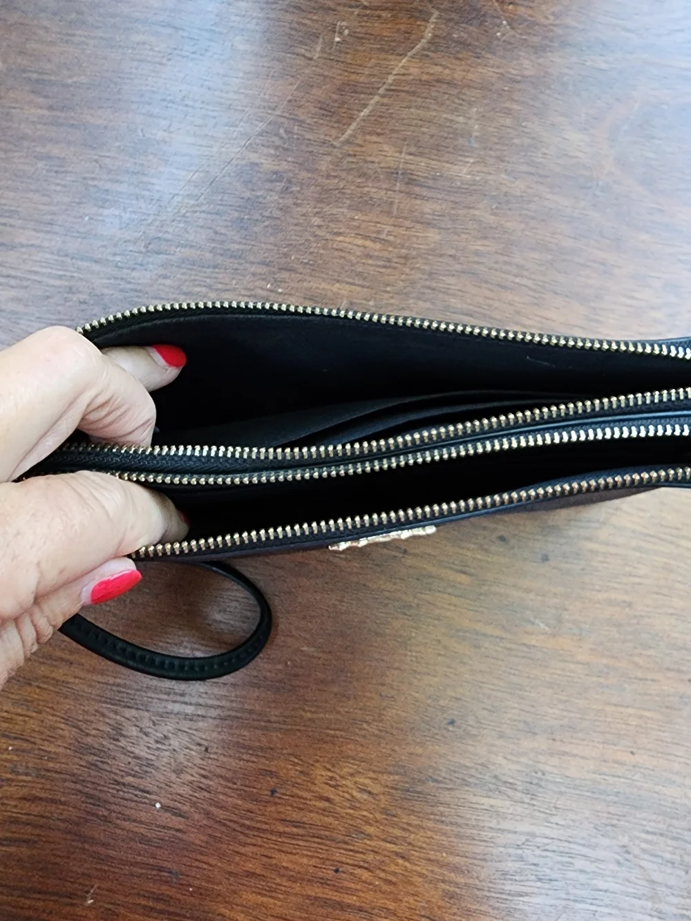 Coach Corner Zip Wristlet in Signature Canvas Brown Black Clutch Pochette